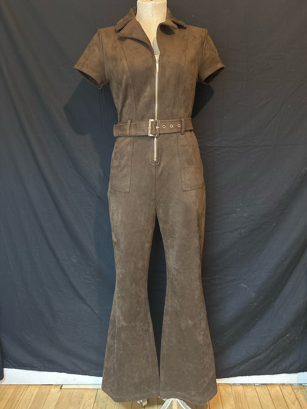 Guess Brown Suede Short-Sleeve Belted Jumpsuit